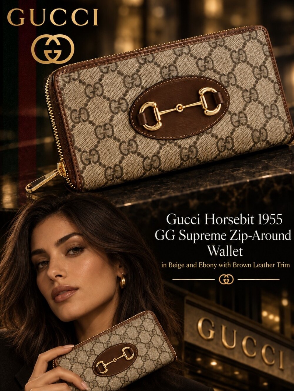 New 🔥! Gucci Horsebit 1955 GG Supreme Zip-Around Wallet